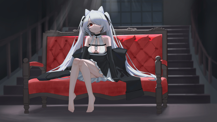 1girl absurdres azur_lane barefoot black_dress breasts couch dress full_body hair_cones hair_over_one_eye highres indoors kiev_(azur_lane) kiev_(backstreet_silver_sonata)_(azur_lane) long_hair looking_at_viewer official_alternate_costume one_eye_covered red_eyes rinmia sitting small_breasts solo stairs twintails two-tone_dress very_long_hair white_dress white_hair