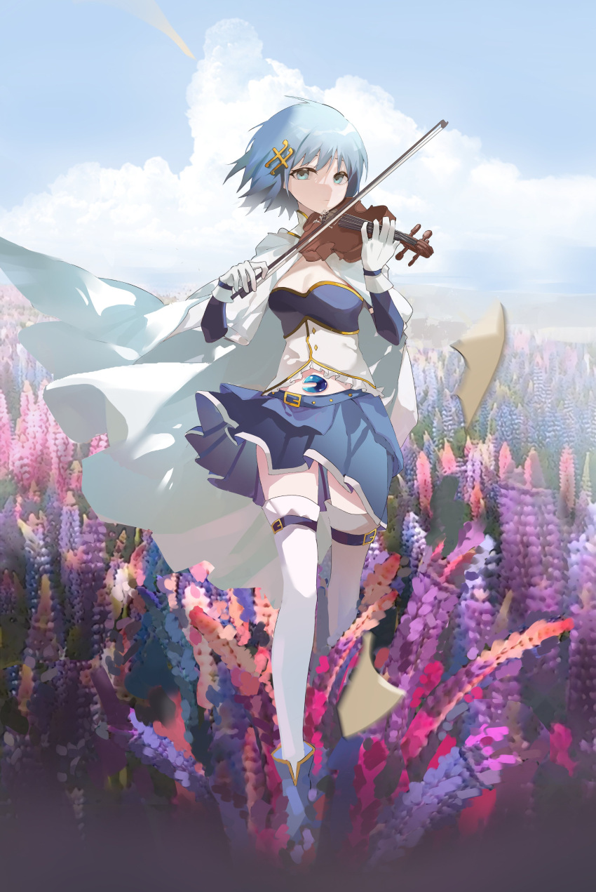 1girl absurdres blue_eyes blue_footwear blue_hair blue_skirt blue_sky boots bow_(music) breasts cape clouds gloves hair_ornament highres instrument looking_at_viewer magical_girl mahou_shoujo_madoka_magica mahou_shoujo_madoka_magica_movie medium_breasts midriff miki_sayaka musical_note_hair_ornament peng_(17685780wer) short_hair skirt sky solo soul_gem thigh-highs thighs violin white_cape white_gloves white_legwear wind wind_lift
