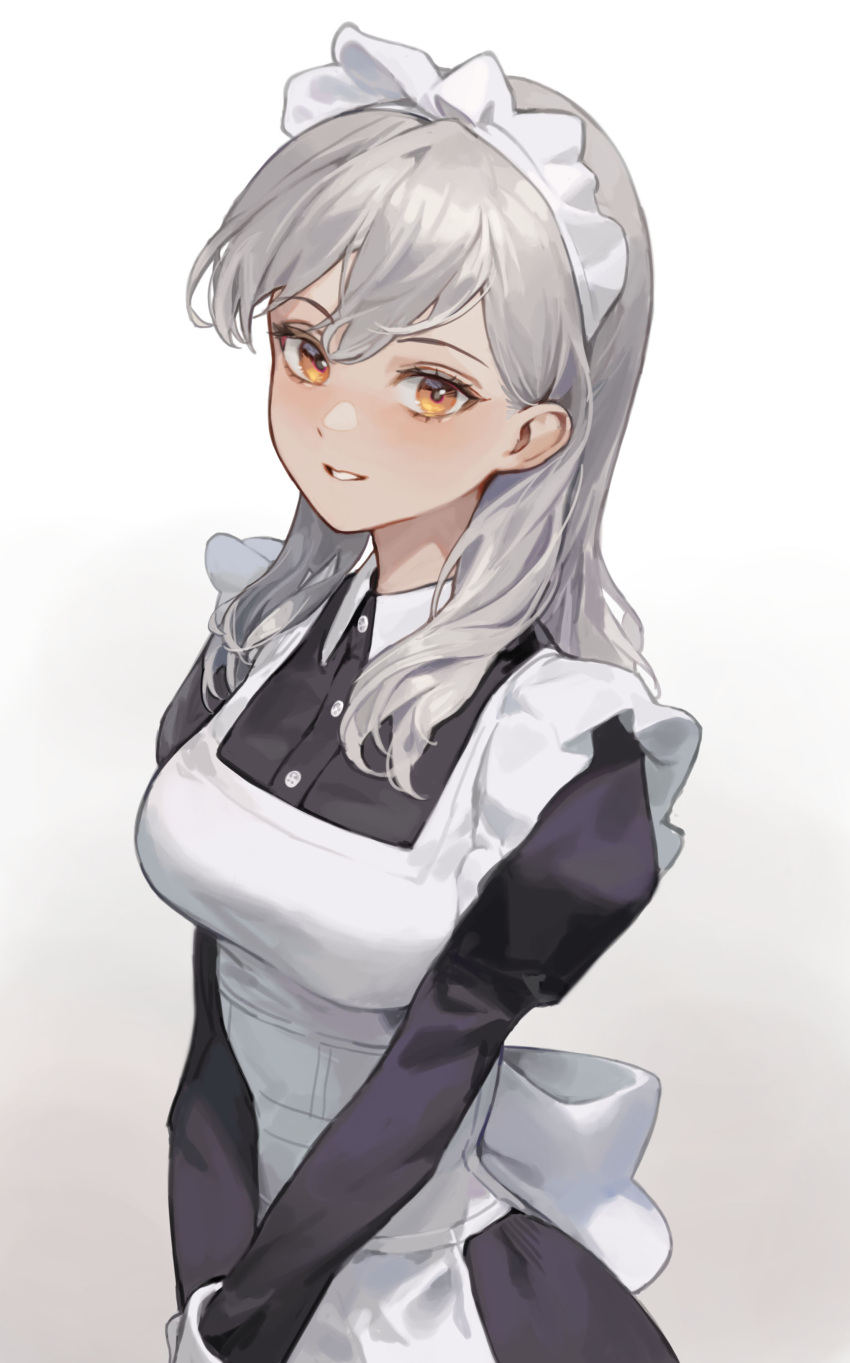1girl absurdres apron back_bow bangs blush bow breasts collared_shirt cotta_(heleif) frills grey_hair highres long_hair long_sleeves looking_at_viewer maid maid_headdress medium_breasts original parted_lips puffy_sleeves shirt simple_background smile solo white_background yellow_eyes