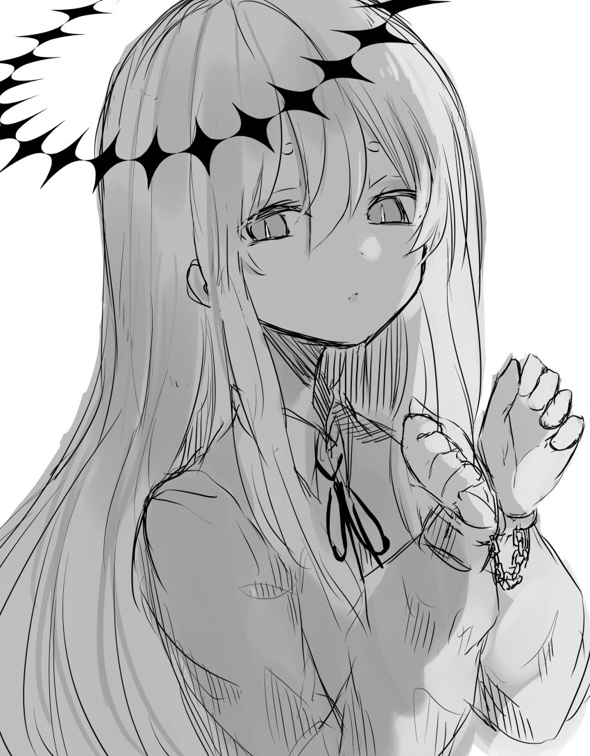 1girl absurdres bangs chain closed_mouth collared_shirt cuffs dress_shirt gekiyaku greyscale hair_between_eyes handcuffs highres long_hair long_sleeves looking_at_viewer monochrome neck_ribbon poono puffy_long_sleeves puffy_sleeves ribbon shirt short_eyebrows simple_background sketch solo thick_eyebrows upper_body utau very_long_hair white_background
