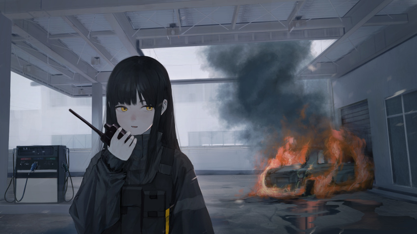 1girl absurdres ammunition_pouch black_hair black_jacket building car cr_iws_t_72 fire fog gas_station ground_vehicle highres jacket long_hair looking_away motor_vehicle open_mouth original pouch smoke solo vest walkie-talkie yellow_eyes