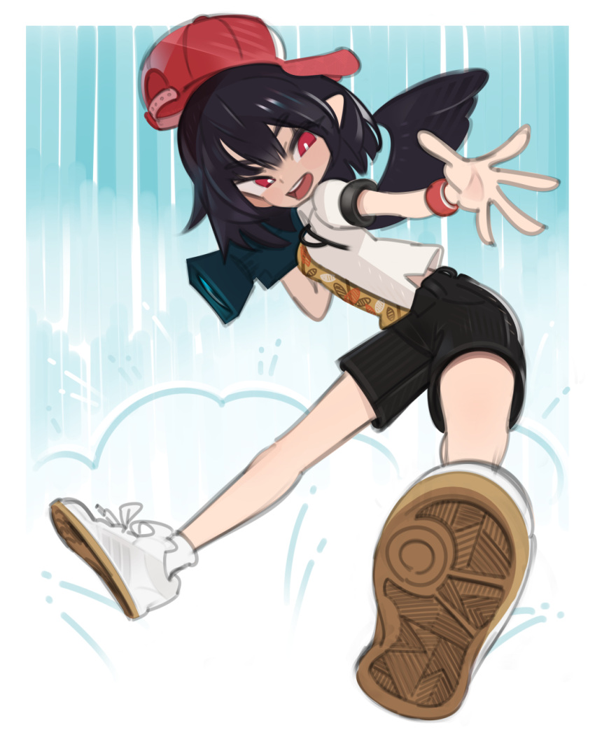 1girl adidas alternate_costume backwards_hat baseball_cap black_shorts black_wings hat highres looking_down onionsketch open_hand pointy_ears red_eyes red_headwear shameimaru_aya shirt shoes short_hair shorts sky smile sneakers solo touhou white_footwear white_shirt wings