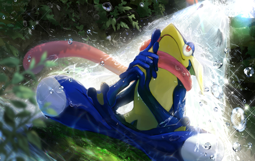 absurdres bright_pupils closed_mouth commentary_request from_below greninja highres kachin no_humans orange_eyes own_hands_together pokemon pokemon_(creature) sitting smile solo sparkle tongue water water_drop waterfall white_pupils