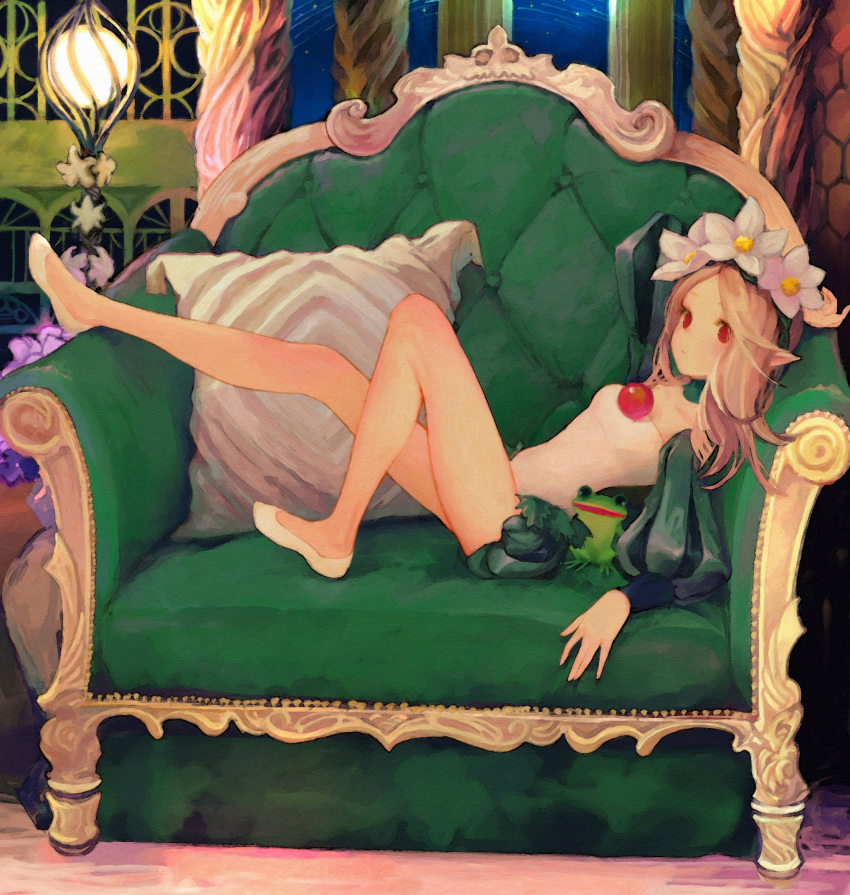 1693193543 1girl blonde_hair braid couch fairy fairy_wings flower frog hair_flower hair_ornament highres mercedes_(odin_sphere) odin_sphere on_couch pointy_ears red_eyes solo twin_braids wings