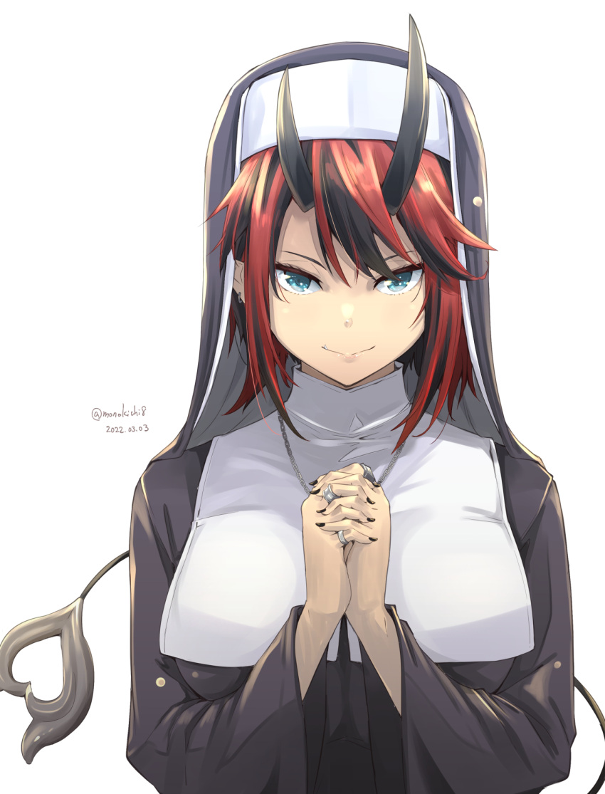 1girl alternate_costume bangs black_hair black_nails blue_eyes breasts closed_mouth commentary_request dated demon_girl demon_horns demon_tail ear_piercing grey_horns habit hair_between_eyes highres horns interlocked_fingers jewelry kichihachi large_breasts looking_at_viewer multicolored_hair nun own_hands_together piercing pointy_ears redhead ring ryugasaki_rene simple_background smile solo sugar_lyric tail twitter_username two-tone_hair upper_body virtual_youtuber white_background