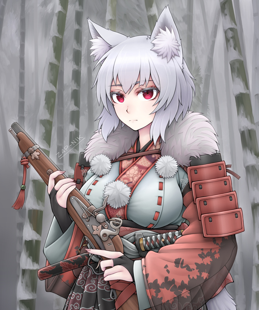 1girl animal_ear_fluff animal_ears antique_firearm armor bamboo breasts grey_hair gun highres holding holding_gun holding_weapon inubashiri_momiji japanese_armor japanese_clothes large_breasts red_eyes scabbard sheath sheathed short_hair short_sword shoulder_armor sode solo sword tantou touhou upper_body weapon wolf_ears zap-nik