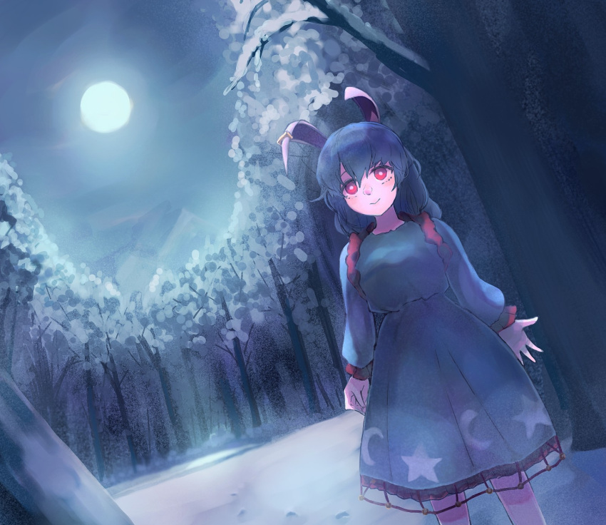 1girl animal_ears arms_at_sides ba9ked blue_dress blue_hair blush bright_pupils closed_mouth commentary dress feet_out_of_frame forest frilled_sleeves frills full_moon highres long_hair long_sleeves looking_at_viewer moon mountain nature night outdoors rabbit_ears red_eyes seiran_(touhou) smile standing touhou white_pupils