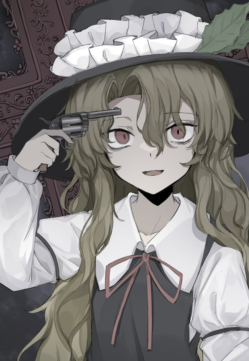 1girl bangs black_headwear black_vest blonde_hair collared_shirt commentary_request fedora frilled_hat frills gun handgun hat hat_feather highres hisha_(kan_moko) holding holding_gun holding_weapon jacket_girl_(dipp) juliet_sleeves long_hair long_sleeves looking_at_viewer open_mouth parted_bangs pistol puffy_sleeves red_eyes red_ribbon revolver ribbon shirt touhou upper_body very_long_hair vest wavy_hair weapon white_shirt