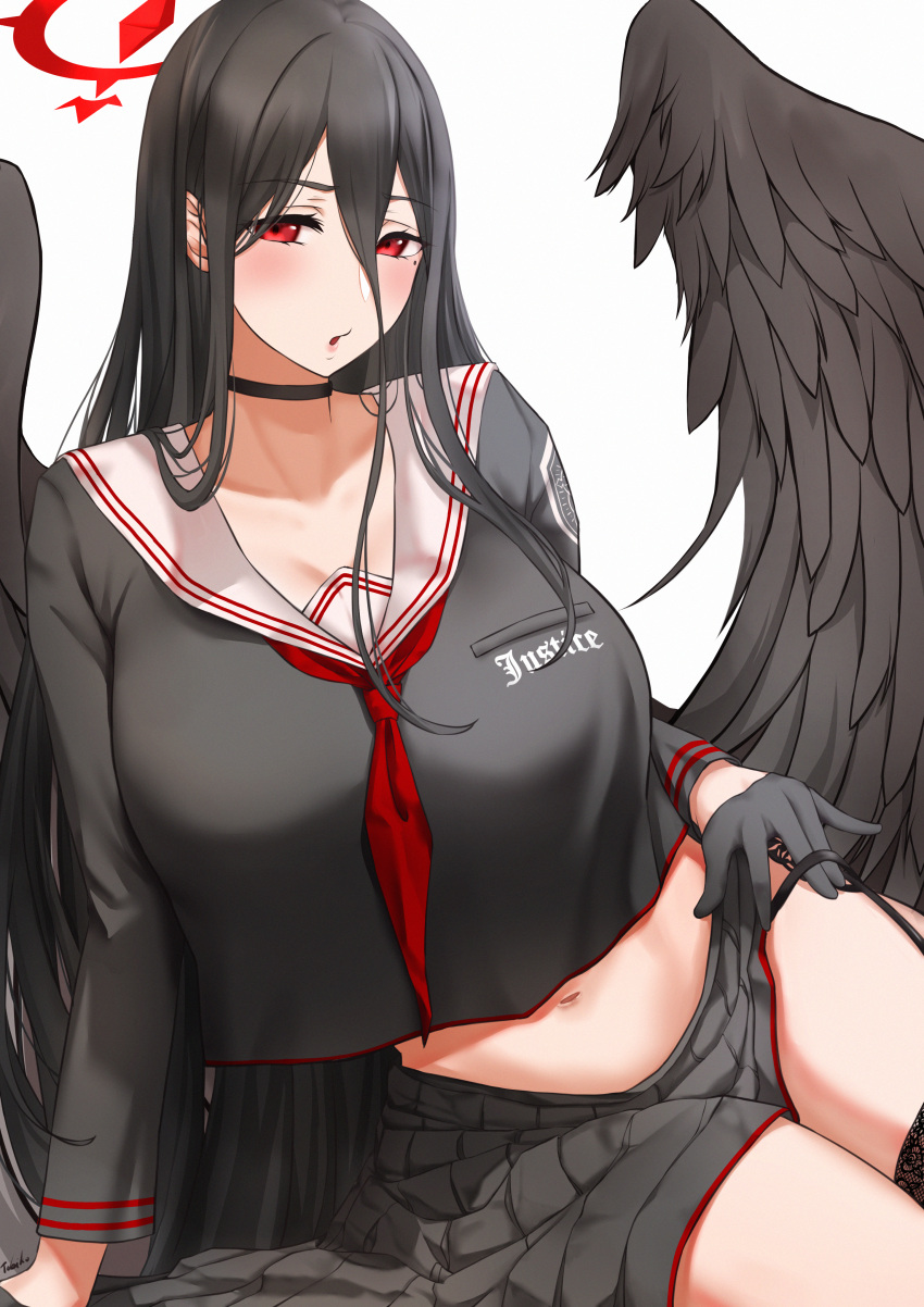 1girl :o absurdres bangs black_choker black_gloves black_hair black_serafuku black_skirt black_wings blue_archive blush breasts chestnut_mouth choker clothes_writing cowboy_shot crop_top crossed_bangs english_text eyebrows_visible_through_hair feathered_wings garter_belt garter_straps gloves hair_between_eyes half_gloves halo hand_on_floor hasumi_(blue_archive) highres lace-trimmed_legwear lace_trim large_breasts large_wings long_hair long_sleeves looking_at_viewer low_wings mole mole_under_eye navel neckerchief necktie open_mouth parted_lips pleated_skirt red_eyes red_halo red_neckerchief red_necktie red_trim sailor_collar school_uniform serafuku sidelocks skirt solo stomach straight_hair tobiko very_long_hair white_sailor_collar wings