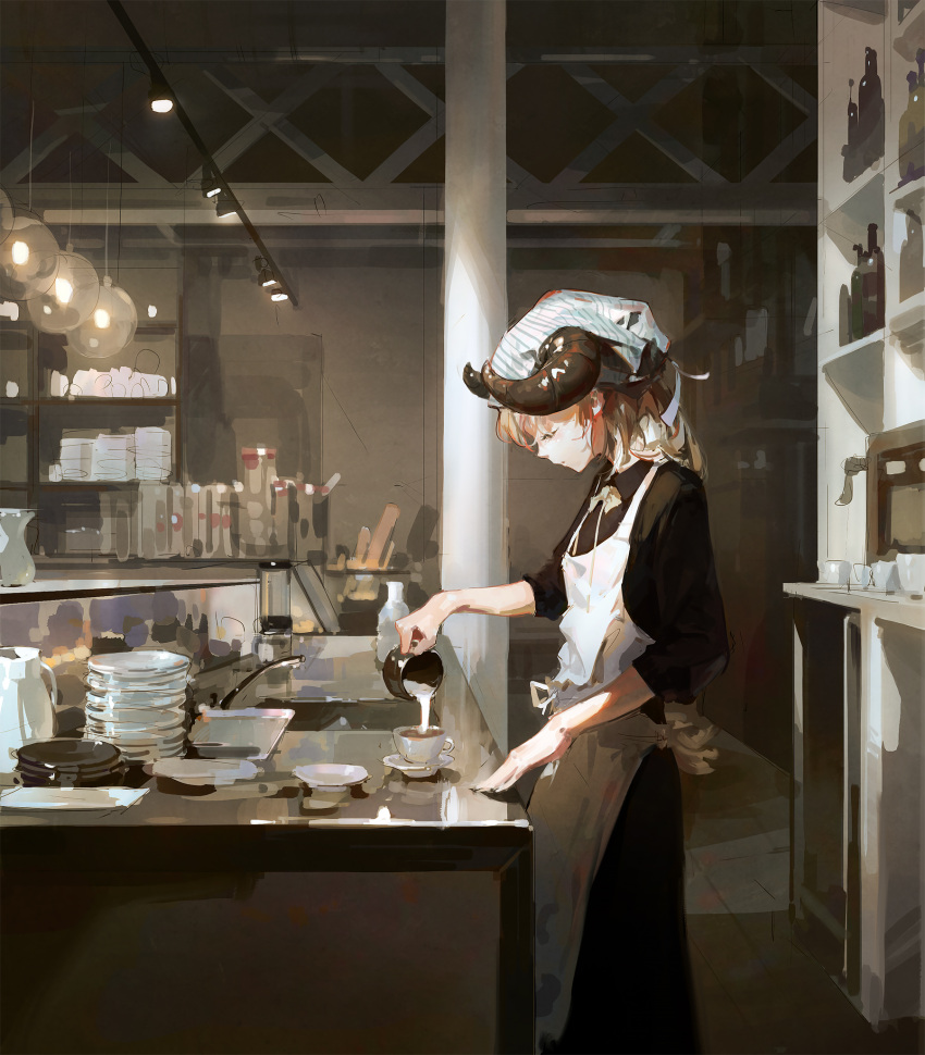 1girl apron black_dress blonde_hair bow bowtie cabinet closed_mouth cup dino_(dinoartforame) dress hanging_light head_scarf highres holding holding_cup horns indoors long_sleeves looking_down original plate plate_stack saucer sideways_mouth sink sleeves_pushed_up standing teacup