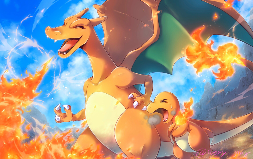 &gt;_&lt; breathing_fire charizard charmander claws closed_eyes clouds commentary_request day fangs fire flame-tipped_tail highres ivory_(25680nico) no_humans open_mouth outdoors pokemon pokemon_(creature) sky sweatdrop tongue