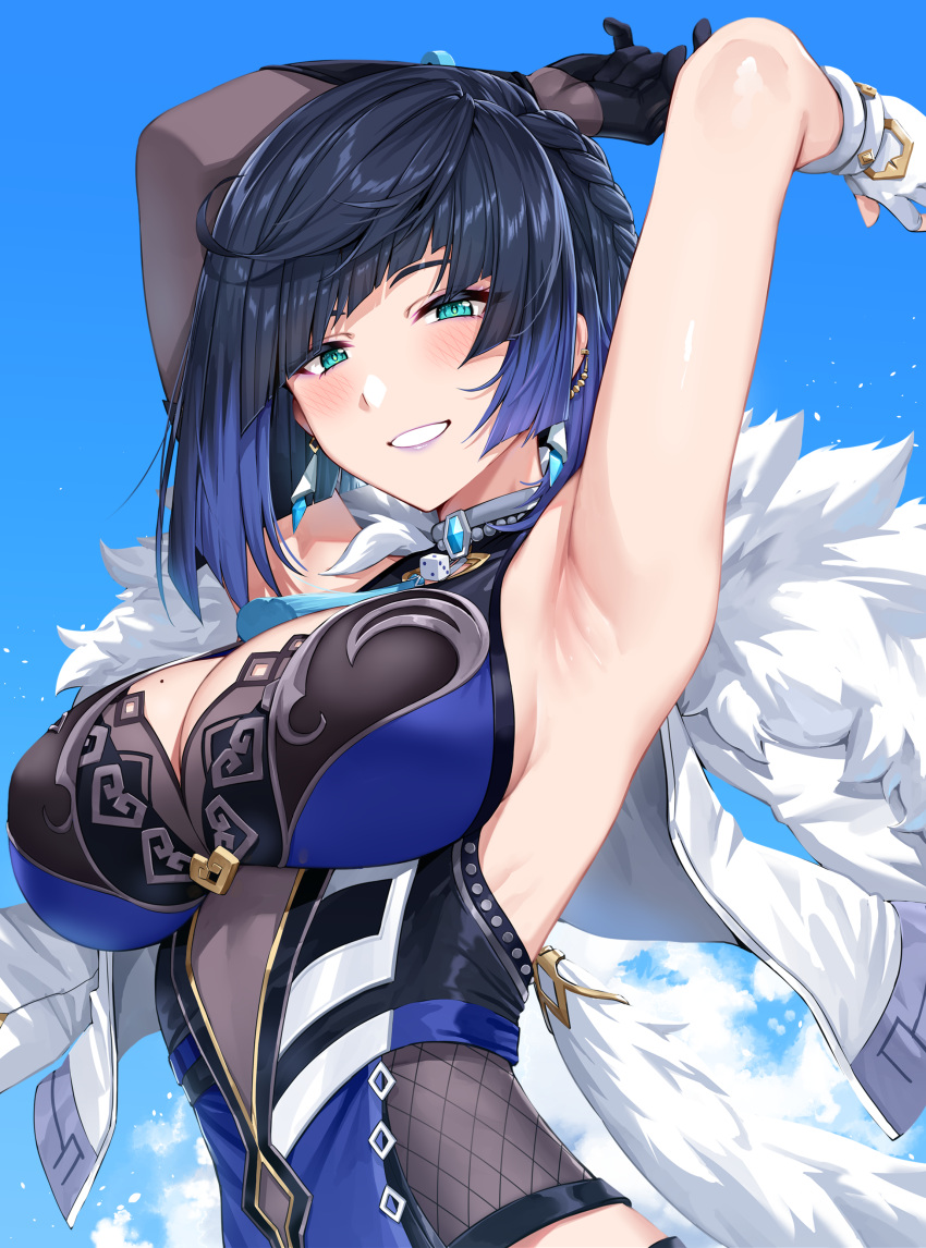 1girl absurdres armpits arms_up asymmetrical_gloves bangs bare_shoulders black_gloves blush bob_cut breasts clouds colored_tips diagonal_bangs dice elbow_gloves fingerless_gloves fur-trimmed_jacket fur_trim genshin_impact gloves green_eyes grin half_gloves highres jacket jacket_on_shoulders looking_at_viewer mismatched_gloves mole mole_on_breast multicolored_hair neck_tassel single_elbow_glove smile tassel tassel_choker white_gloves white_jacket white_sky yakimi_27 yelan_(genshin_impact)