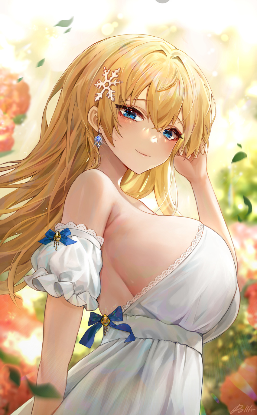 1girl absurdres alternate_costume bangs blonde_hair blue_eyes blush breasts closed_mouth detached_sleeves dress earrings from_side girls_frontline hair_ornament highres jewelry large_breasts long_hair looking_at_viewer looking_to_the_side polla short_sleeves smile snowflake_hair_ornament solo symbol-only_commentary vsk-94_(girls'_frontline) white_dress