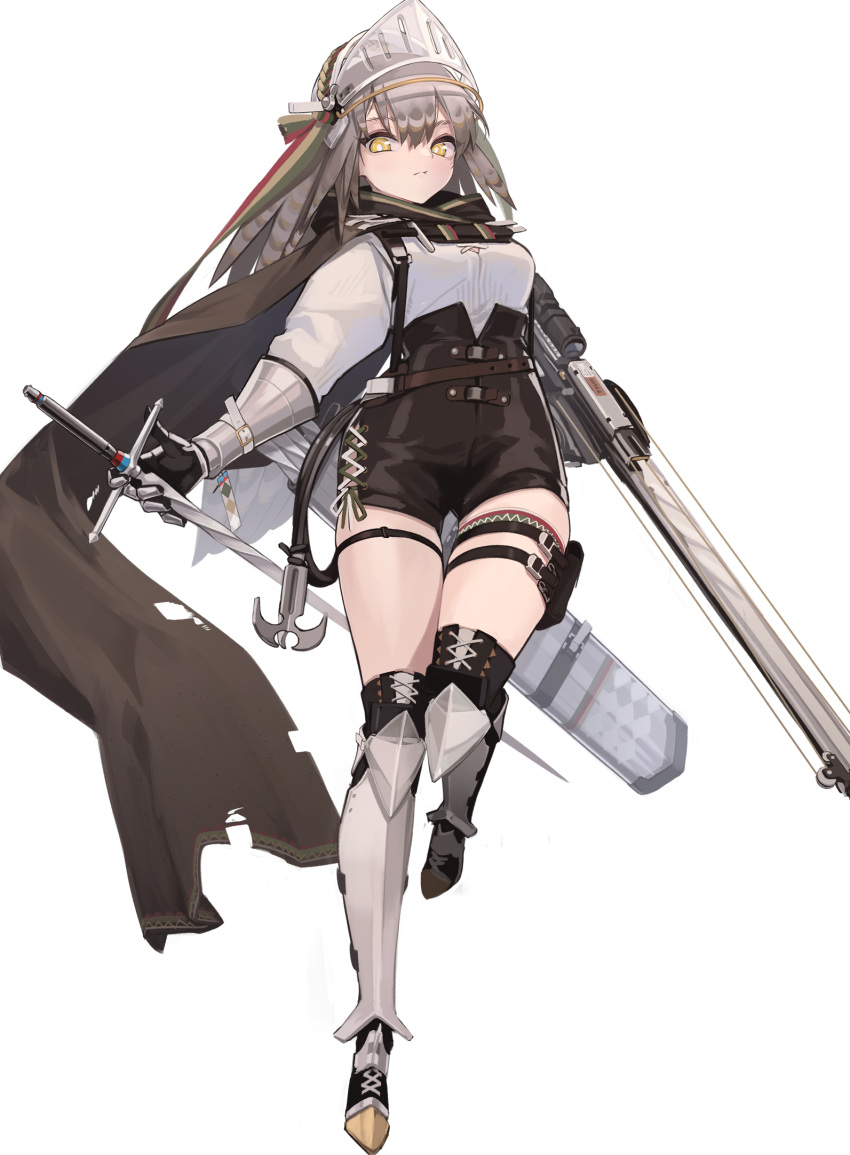 1girl arknights bangs black_cape black_shorts boots breasts bright_pupils brown_hair cape closed_mouth eyebrows_visible_through_hair fartooth_(arknights) feather_hair gauntlets grey_footwear high-waist_shorts highres holding holding_sword holding_weapon leg_up long_hair long_sleeves looking_at_viewer mari0ball medium_breasts quiver shirt shorts simple_background solo standing standing_on_one_leg sword thigh-highs thigh_boots thigh_pouch thigh_strap visor_(armor) weapon white_background white_shirt yellow_eyes