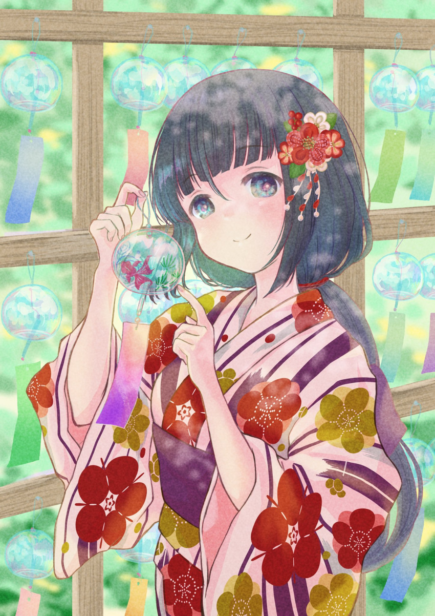1girl bangs blue_eyes blue_hair character_request closed_mouth floral_print hair_ornament hands_up highres holding japanese_clothes kanzashi kimono long_hair looking_at_viewer low_ponytail marie_mikan obi print_kimono sash smile solo standing tenka_hyakken upper_body wind_chime
