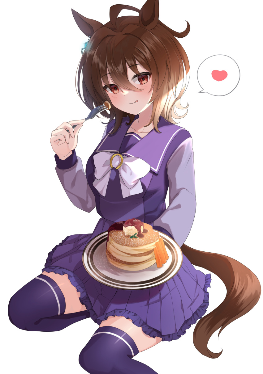 1girl :p absurdres agnes_tachyon_(umamusume) ahoge animal_ears bangs blush bow breasts brown_hair carrot closed_mouth collarbone commentary_request etesumsom eyebrows_visible_through_hair fork frilled_skirt frills hair_between_eyes heart highres holding holding_fork holding_plate horse_ears horse_girl horse_tail looking_at_viewer medium_breasts plate pleated_skirt purple_legwear purple_shirt purple_skirt red_eyes shirt simple_background sitting skirt smile solo spoken_heart tail thigh-highs tongue tongue_out umamusume white_background white_bow yokozuwari