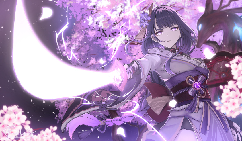 1girl cherry_blossoms edelweiss_(wsparkz) electricity genshin_impact highres holding holding_sword holding_weapon japanese_clothes kimono looking_at_viewer mole mole_under_eye purple_hair purple_kimono raiden_shogun solo sword violet_eyes weapon