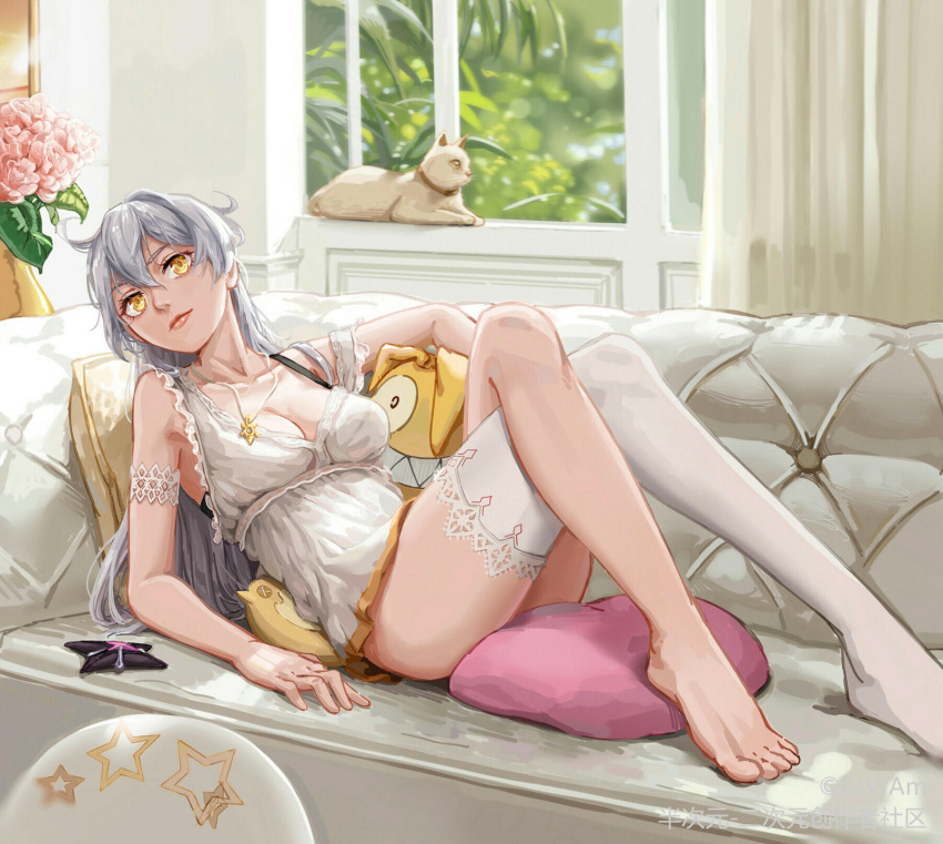 1girl bangs cat closed_mouth couch crossed_legs curtains cushion doll flower full_body highres homu_(honkai_impact) honkai_(series) honkai_impact_3rd indoors kiana_kaslana kiana_kaslana_(herrscher_of_the_void) lips long_hair looking_at_viewer lying nightgown on_back pajamas pink_flower pink_rose rose single_thighhigh smile thigh-highs toes tristana-shen white_hair white_legwear window yellow_eyes