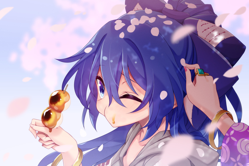 2girls bangle blue_bow blue_eyes blue_hair blurry bow bracelet cheek_bulge cherry_blossoms dango debt depth_of_field drawstring eating food food_on_face grey_hoodie hair_bow holding hood hoodie jewelry long_hair muchin_jousha multiple_girls nail_polish one_eye_closed parted_lips petals pov pov_hands ring siblings sisters solo_focus stuffed_animal stuffed_cat stuffed_toy touhou wagashi yorigami_jo'on yorigami_shion