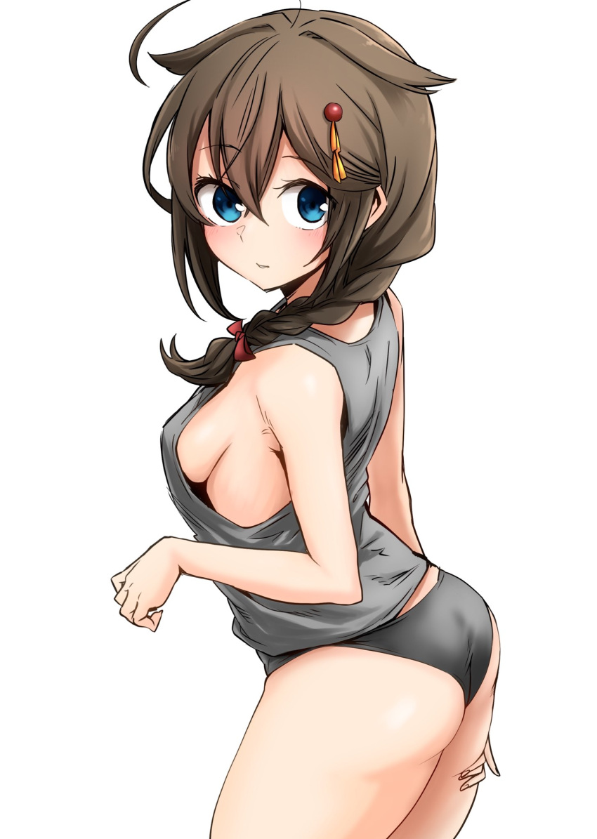 1girl ahoge ass bangs black_panties blue_eyes blush braid breasts brown_hair eyebrows_visible_through_hair gouta_(nagishiro6624) grey_tank_top hair_between_eyes hair_flaps hair_ornament hair_ribbon highres kantai_collection long_hair medium_breasts panties red_ribbon ribbon shigure_(kancolle) shigure_kai_ni_(kancolle) sideboob simple_background single_braid solo tank_top underwear white_background