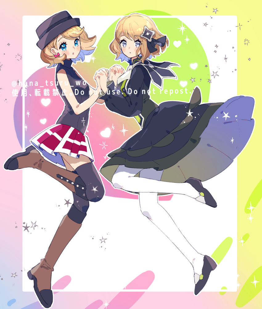 2girls bare_arms black_footwear blonde_hair blue_eyes blush boots brown_footwear commentary_request dress earrings eyelashes from_side grey_eyes grey_headwear hair_ornament hair_ribbon hands_up hat highres holding_hands jewelry leg_up long_sleeves looking_at_viewer multiple_girls multiple_persona official_alternate_costume pantyhose parted_lips pokemon pokemon_(anime) pokemon_(game) pokemon_masters_ex pokemon_swsh_(anime) red_skirt ribbon serena_(pokemon) shoes short_hair skirt sugomori_tsuru_(artist) sweater_vest thigh-highs white_legwear