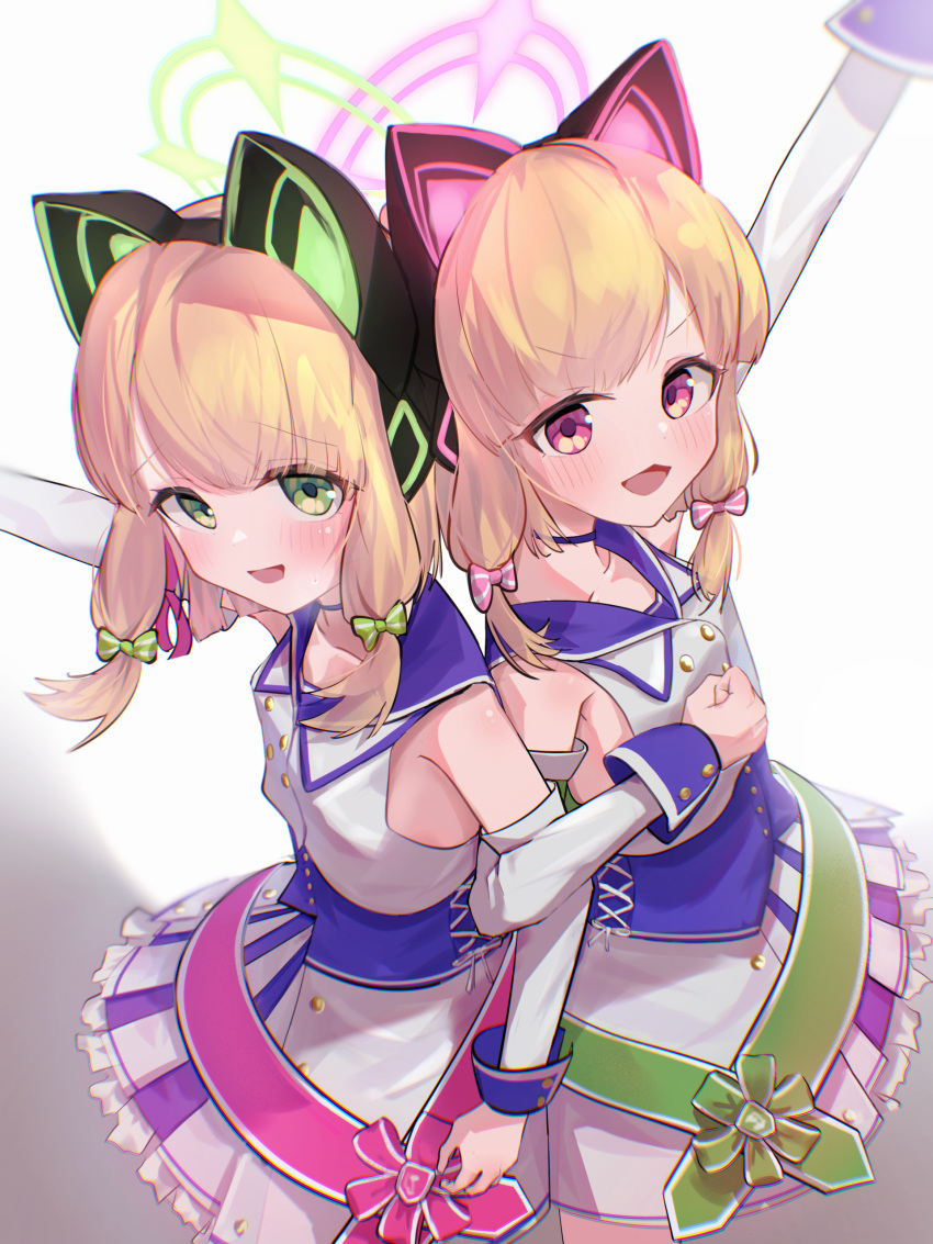 2girls absurdres alternate_costume asymmetrical_bangs bangs blonde_hair blue_archive blush bow cat_ear_headphones detached_sleeves dress eyebrows_visible_through_hair frills green_bow green_eyes hair_bow halo hand_up headphones highres idol locked_arms looking_at_viewer midori_(blue_archive) momoi_(blue_archive) multiple_girls open_mouth osorii pink_bow pink_eyes siblings simple_background sisters twins upper_body