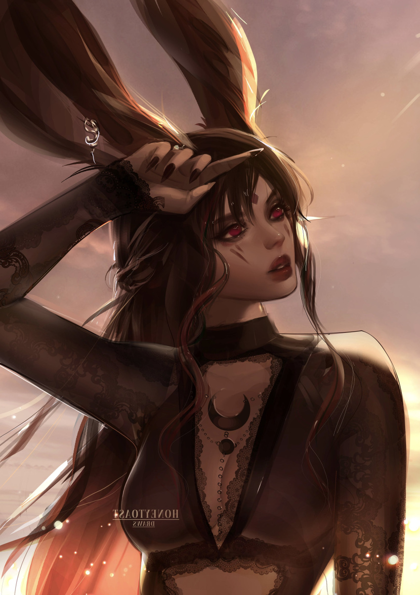 1girl absurdres avatar_(ff14) bangs black_hair black_nails breasts cleavage_cutout clothing_cutout earrings facial_mark final_fantasy final_fantasy_xiv fingernails highres jewelry lips long_hair looking_to_the_side mahoushani medium_breasts red_eyes sharp_fingernails solo upper_body viera