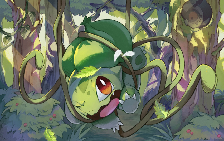 bird bright_pupils brown_eyes bulbasaur bush claws commentary_request day fang forest hoothoot nature no_humans open_mouth outdoors plankton_(ganoona) plant pokemon pokemon_(creature) tongue tree vines white_pupils