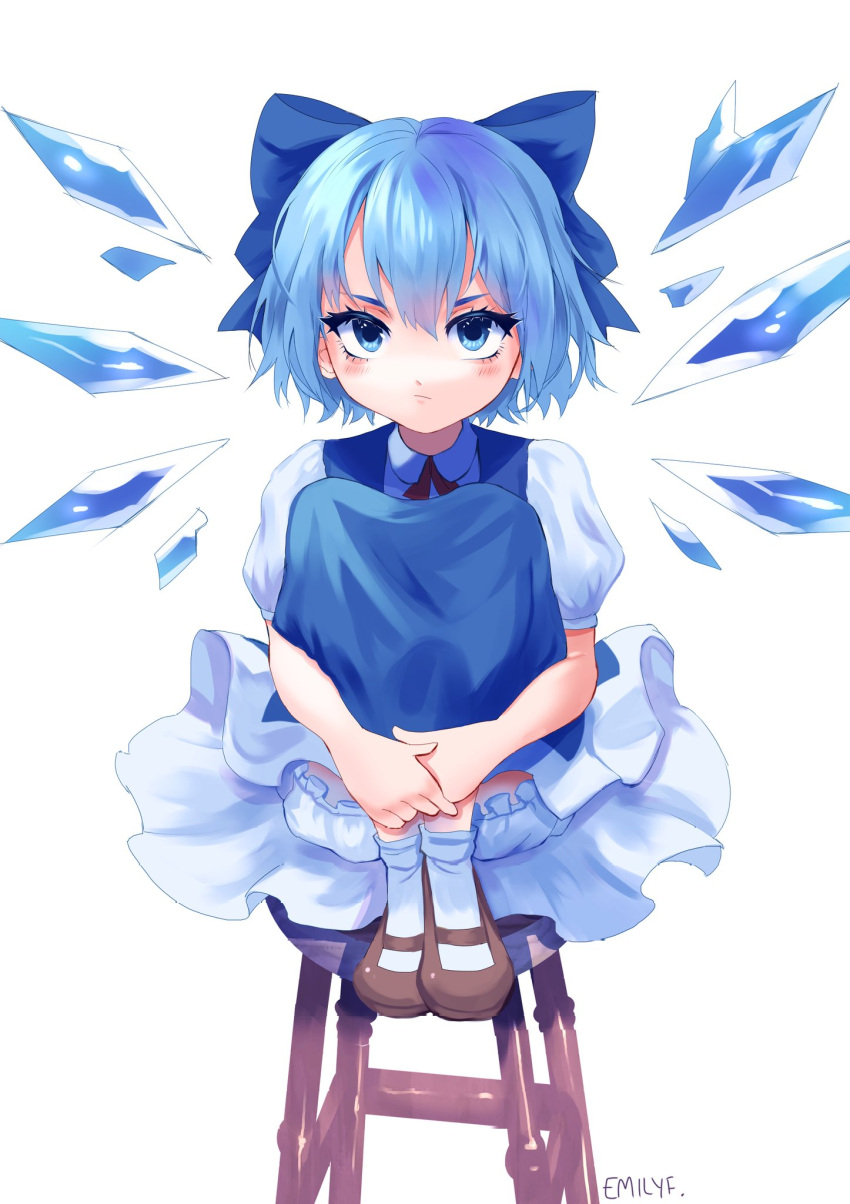 1girl :/ blue_dress blue_eyes blue_hair bow cirno dress full_body hair_bow highres ice ice_wings knees_to_chest looking_at_viewer puffy_short_sleeves puffy_sleeves shianebulae shoes short_hair short_sleeves solo touhou wings