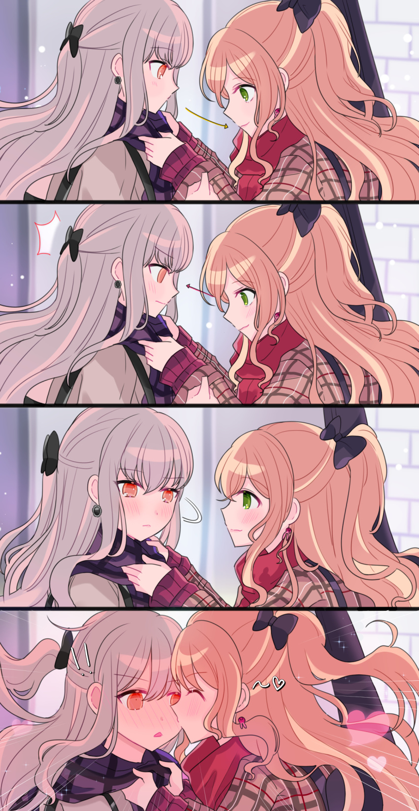 241_science 2girls adjusting_another's_clothes bang_dream! bangs blonde_hair blurry blush bow brown_coat coat crossed_bangs depth_of_field earrings emphasis_lines full-face_blush green_eyes hair_between_eyes hair_bow half_updo heart highres imai_lisa jewelry kiss kissing_cheek long_hair minato_yukina multiple_girls plaid plaid_sweater red_eyes red_scarf scarf silver_hair sweater yuri