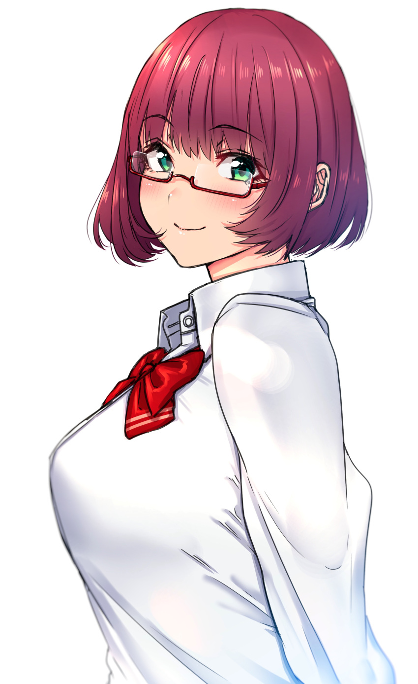 1girl absurdres amatani_mutsu arms_behind_back bob_cut bouhatei_(t-back) bow bowtie brown_hair closed_mouth commentary_request eyebrows_visible_through_hair glasses green_eyes highres looking_back red-framed_eyewear red_bow red_bowtie school_uniform shirt simple_background smile solo sounan_desuka? upper_body white_background white_shirt