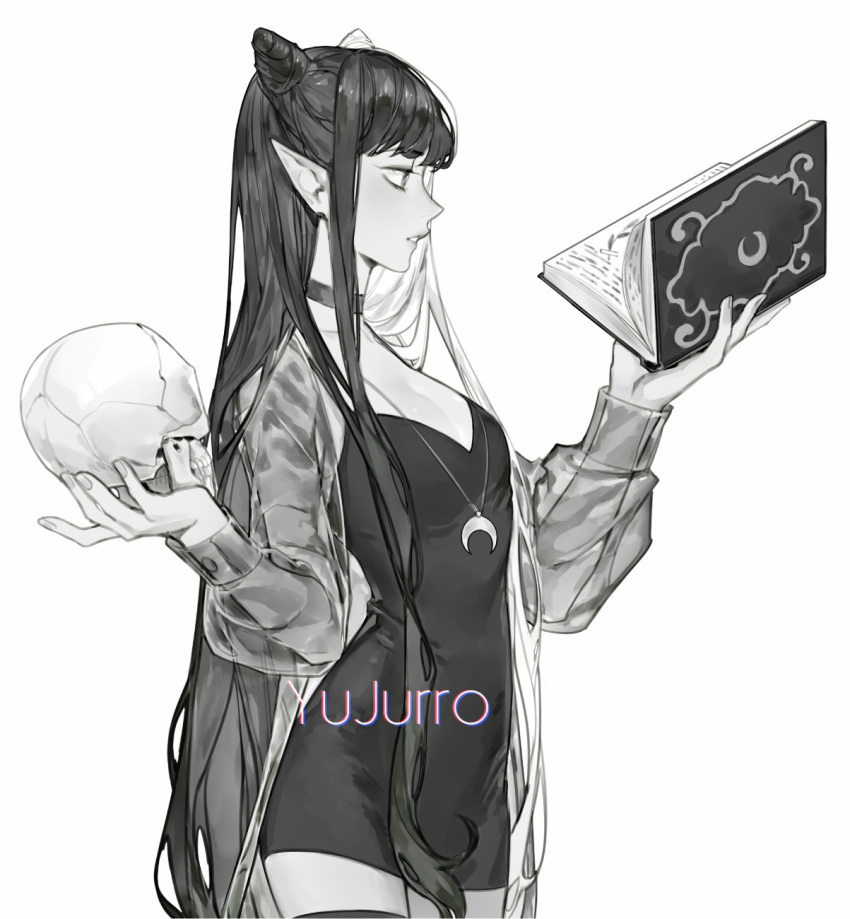 1girl artist_name bangs black_hair book breasts choker collarbone commission crescent double_bun dress fingernails from_side greyscale highres holding holding_book holding_skull long_hair looking_away monochrome open_book original parted_lips see-through_sleeves short_dress sidelocks simple_background skull small_breasts solo standing thigh-highs upper_body yujurro zettai_ryouiki