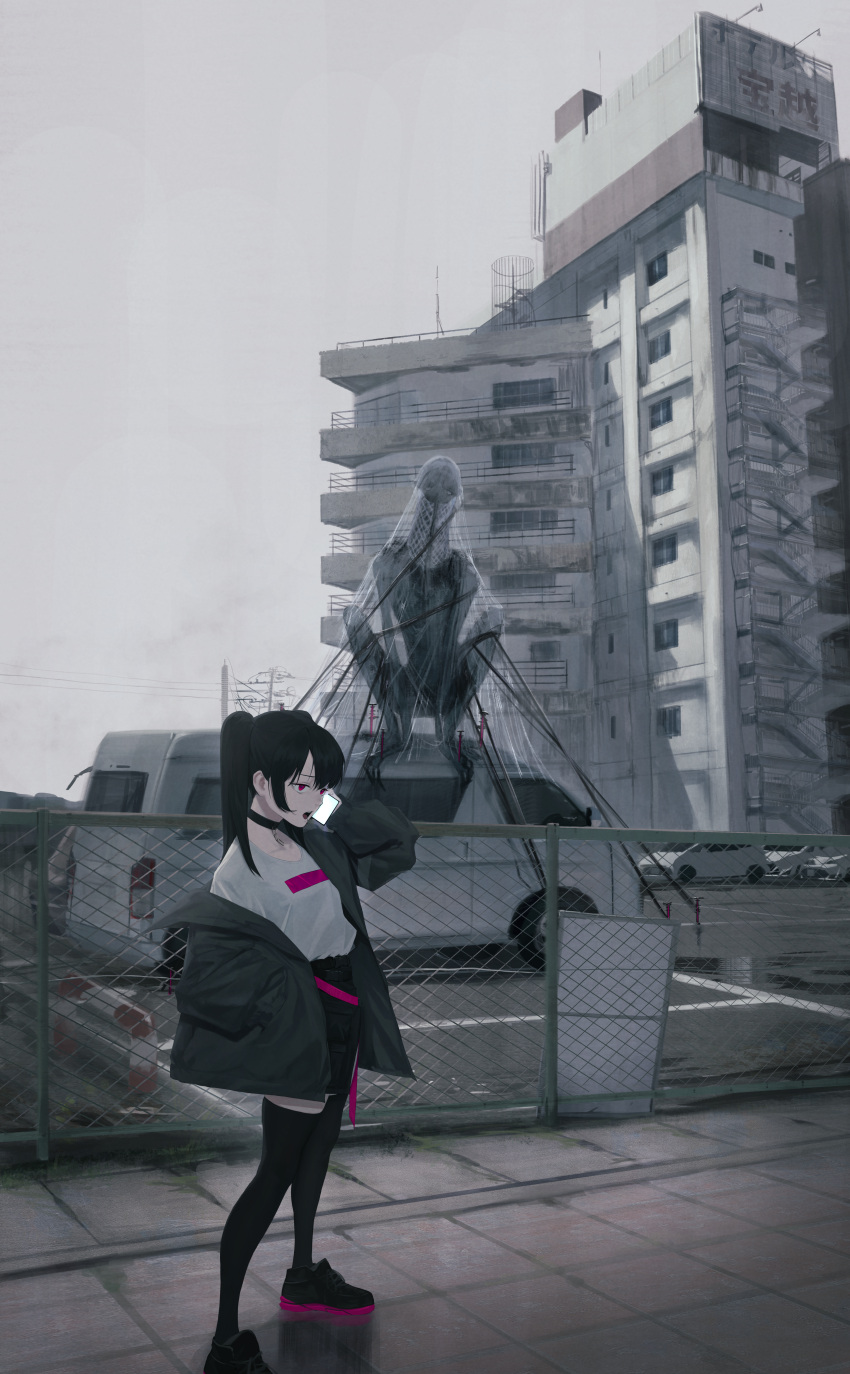 1girl 1other absurdres black_hair bound broken broken_chain building car chain chain-link_fence choker cr_iws_t_72 fence ground_vehicle highres jacket long_sleeves looking_away monster motor_vehicle open_mouth original overcast parking_lot phone pink_eyes road scenery shirt_tucked_in shoes skirt sneakers street thigh-highs tied_up_(nonsexual) twintails van