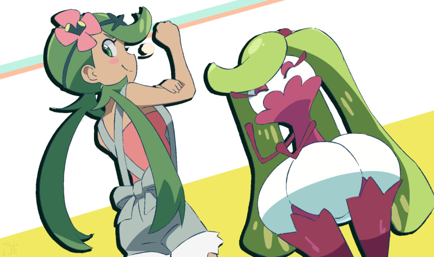 1girl blush_stickers closed_mouth commentary_request dark-skinned_female dark_skin flexing flower gouda_takeshi_(dogezakaiden) green_eyes green_hair green_headband grey_overalls headband long_hair looking_back mallow_(pokemon) overall_shorts overalls pink_flower pink_shirt pokemon pokemon_(anime) pokemon_(creature) pokemon_sm_(anime) pose shirt smile tsareena twintails