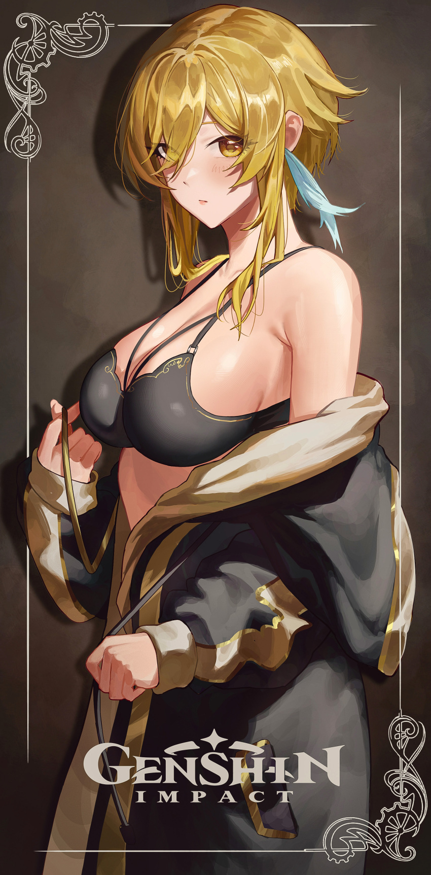 1girl absurdres bangs bare_shoulders black_bra black_robe blonde_hair blush bra breasts closed_mouth copyright_name cozyu feather_hair_ornament feathers genshin_impact hair_ornament highres large_breasts long_sleeves looking_at_viewer lumine_(genshin_impact) medium_hair off_shoulder solo underwear yellow_eyes