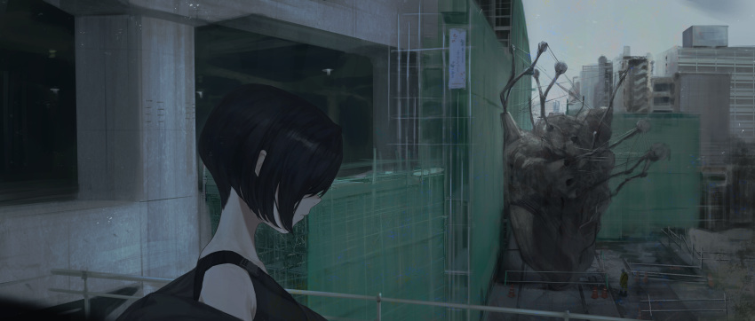 1girl 1other absurdres black_hair building cr_iws_t_72 from_side frown highres looking_away monster off_shoulder original overcast scenery short_hair sleeveless upper_body