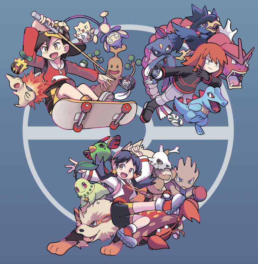 1boy 1girl 2boys :d aipom alternate_color arcanine backwards_hat bangs baseball_cap bike_shorts black_footwear black_gloves black_hair black_jacket bone boots breasts bright_pupils brown_eyes brown_hair chikorita closed_mouth commentary_request cropped_jacket cubone cyndaquil earrings ethan_(pokemon) full_body gloves goggles goggles_on_headwear grey_pants gyarados happy hat highres hitmonchan holding jacket jewelry jumping kris_(pokemon) long_hair long_sleeves male_focus multiple_boys murkrow natu necklace open_mouth orange_hair pants paras poke_ball poke_ball_(basic) pokemon pokemon_(creature) pokemon_adventures poliwag red_footwear red_jacket red_shirt shiny_pokemon shirt shoes short_hair shorts silver_(pokemon) skateboard smile sneasel star_(symbol) star_earrings star_necklace sudowoodo sunkern sutokame togepi tongue totodile twintails white_jacket white_pupils yellow_eyes yellow_shorts