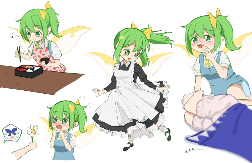 +_+ 2girls barefoot black_footwear bloomers blush blush_stickers cirno cropped_torso daisy daiyousei dress esthoric fairy_wings flower full-face_blush green_eyes green_hair highres multiple_girls multiple_views nose_blush open_mouth shoes side_ponytail sitting socks tears toes touhou underwear wings