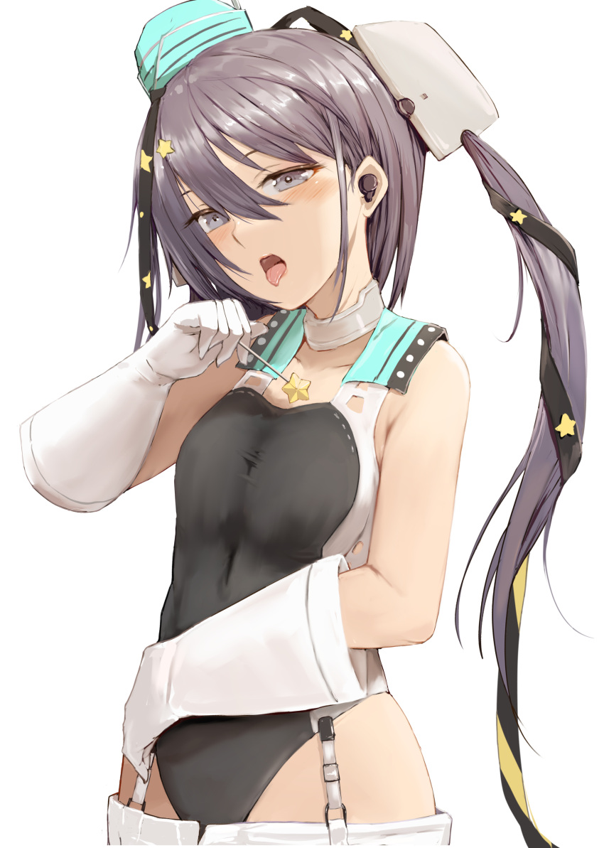 1girl absurdres aqua_headwear bangs black_swimsuit blush breasts candy food garrison_cap gloves grey_eyes hair_between_eyes hair_ornament hair_ribbon hat headgear highres holding holding_candy holding_food holding_lollipop honmakaina_kudou kantai_collection lollipop long_hair one-piece_swimsuit purple_hair ribbon scamp_(kancolle) shorts side_ponytail simple_background small_breasts solo star_(symbol) star_hair_ornament swimsuit swimsuit_under_clothes tongue tongue_out very_long_hair white_background white_gloves white_shorts
