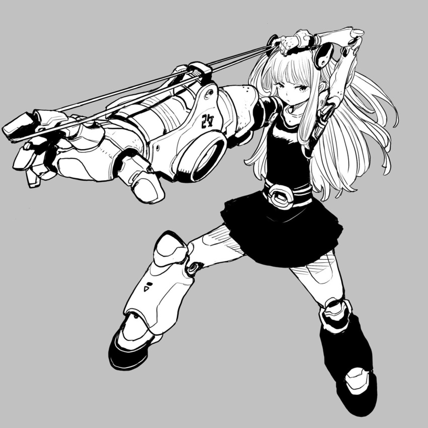 1girl acky_bright bangs belt expressionless grey_background hair_ornament highres katakana long_hair looking_to_the_side mecha mecha_musume mechanical_arms miniskirt monochrome numbered original pulling rubber_band single_mechanical_arm skirt solo translation_request