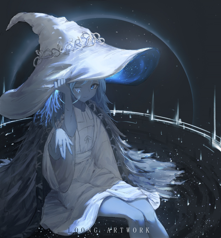 1girl absurdres artist_name blue_hair blue_skin cloak closed_mouth colored_skin cracked_skin dress elden_ring extra_arms extra_faces fur_cloak hat highres jewelry looking_at_viewer loong one_eye_closed ranni_the_witch ring sitting thighs white_dress white_headwear witch_hat