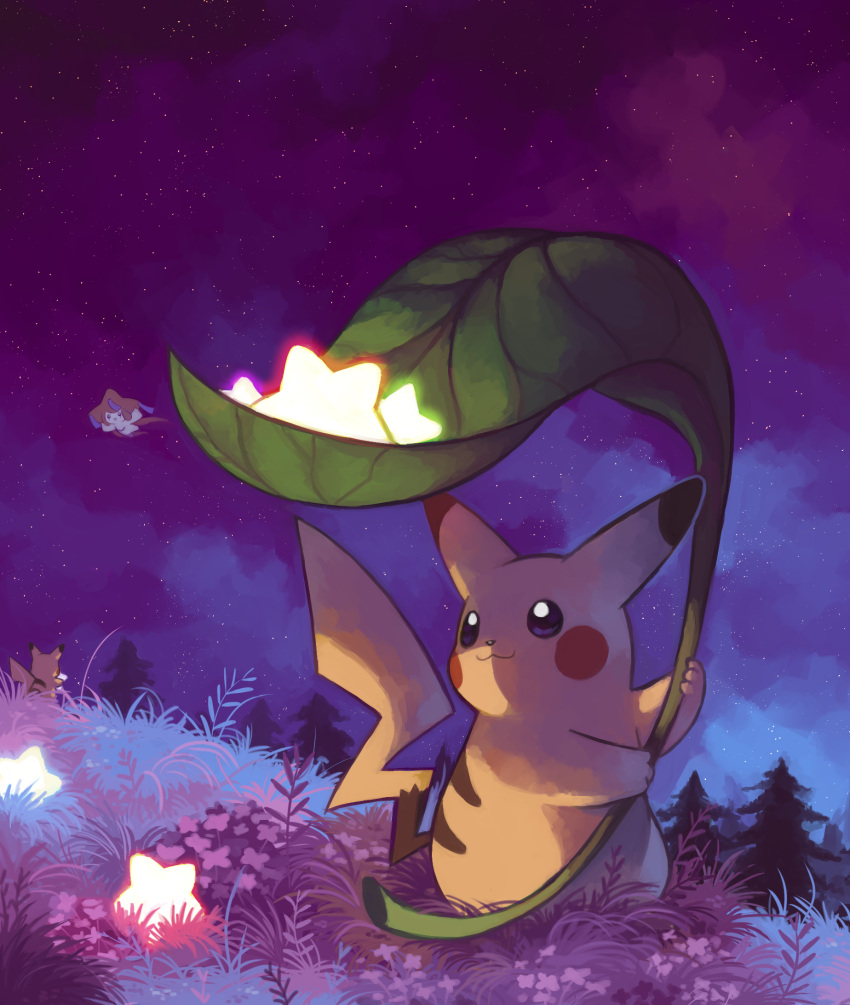 a5tros flying glowing grass highres holding holding_leaf jirachi leaf night night_sky no_humans outdoors oversized_object pikachu pokemon pokemon_(creature) sky star_(sky) star_(symbol) starry_sky tree