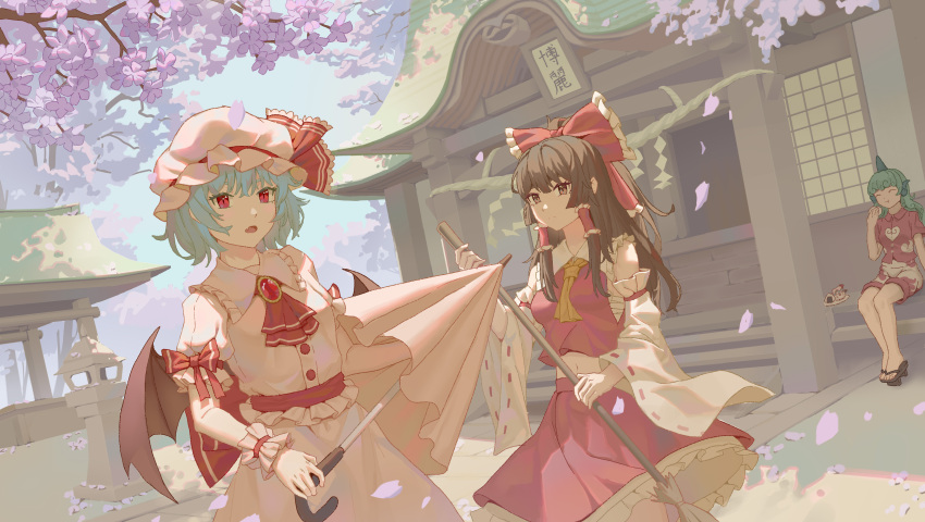 3girls absurdres architecture ascot bangs bat_wings blue_hair bow brooch broom brown_hair cherry_blossoms day detached_sleeves dress flower food frilled_bow frilled_shirt_collar frills gohei hair_bow hair_tubes hakurei_reimu hat highres holding holding_broom jewelry komano_aunn long_hair long_sleeves mob_cap multiple_girls open_mouth outdoors petals pink_flower puffy_short_sleeves puffy_sleeves red_bow red_eyes red_shirt red_skirt red_vest remilia_scarlet ribbon ribbon-trimmed_sleeves ribbon_trim shirt shoes short_hair short_sleeves sidelocks sitting skirt skirt_set spring_(season) standing touhou tree vest wagashi wide_sleeves wings wrist_cuffs youpofen