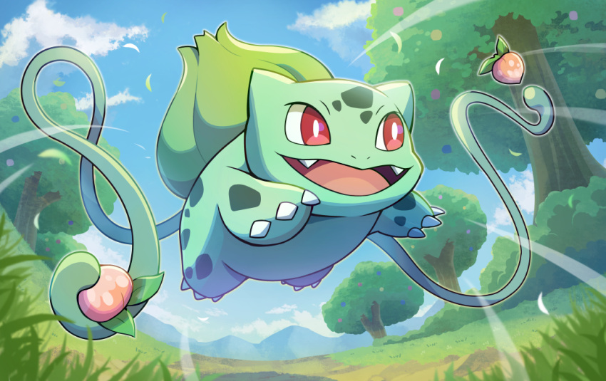 :d berry_(pokemon) bright_pupils bulbasaur bush claws clouds commentary_request day fangs grass holding jumping leaf leaves_in_wind no_humans open_mouth outdoors plant pokemon pokemon_(creature) red_eyes sky smile solo tongue tree vines white_pupils zeroki_(izuno)