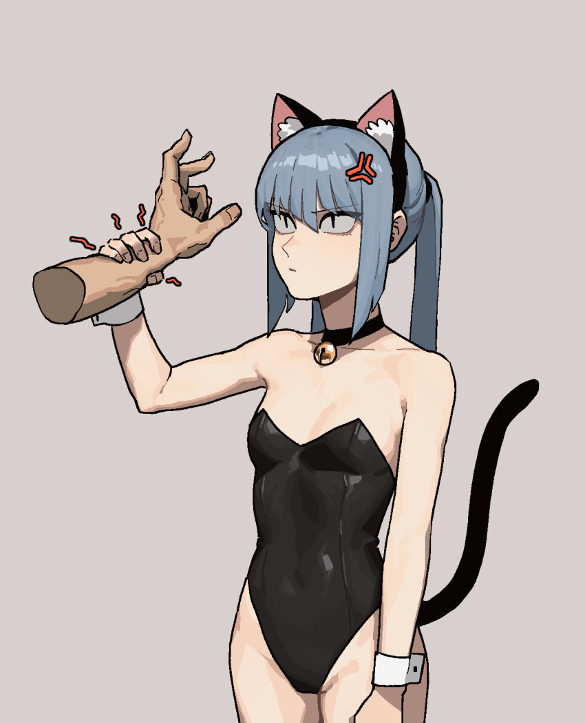 1boy 1girl :| anger_vein angry animal_ears bell black_choker black_leotard blue_hair breasts cat_ears cat_tail choker closed_mouth cowboy_shot fake_animal_ears fake_tail gogalking grey_background hand_up highleg highleg_leotard highres holding_another's_wrist jingle_bell leotard neck_bell original ponytail portia_(gogalking) simple_background slit_pupils small_breasts standing strapless strapless_leotard tail tail_raised