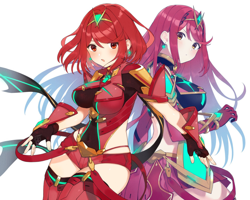 2girls alternate_color bangs black_gloves breasts chest_jewel dress earrings fingerless_gloves gloves highres jewelry kinagi_(3307377) large_breasts multiple_girls mythra_(xenoblade) pyra_(xenoblade) red_eyes red_legwear red_shorts redhead short_dress short_hair short_shorts shorts simple_background swept_bangs thigh-highs tiara white_background xenoblade_chronicles_(series) xenoblade_chronicles_2 yellow_eyes