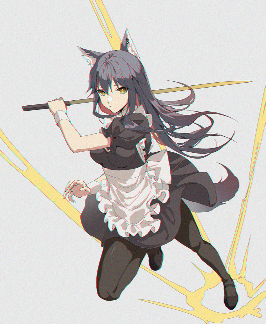 1girl alternate_costume animal_ears apron arknights black_dress black_footwear black_hair black_legwear breasts colored_inner_hair dress enmaided eyebrows_visible_through_hair frilled_apron frills from_above full_body grey_background highres holding holding_sword holding_weapon jumping kernel_killer leg_up looking_at_viewer looking_up maid medium_breasts multicolored_hair pantyhose puffy_short_sleeves puffy_sleeves redhead short_sleeves simple_background solo sword tail texas_(arknights) two-tone_hair v-shaped_eyebrows weapon white_apron wolf_ears wolf_girl wolf_tail yellow_eyes