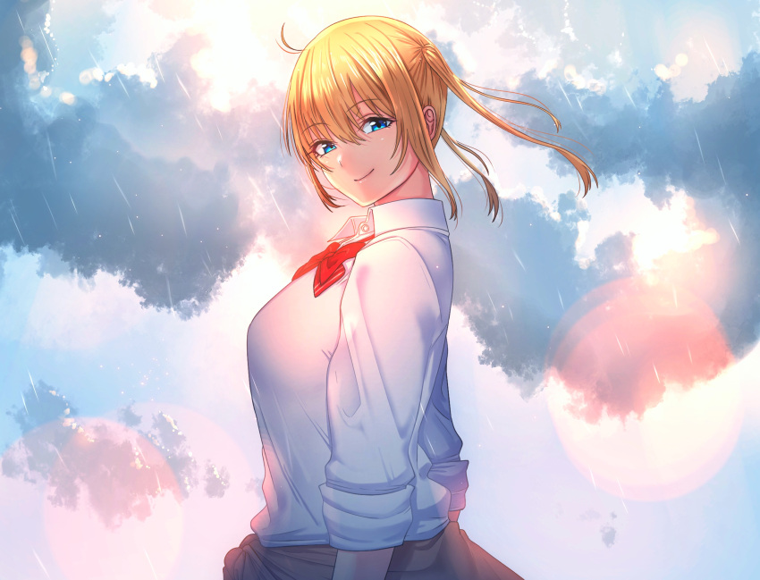 1girl blonde_hair blue_eyes bouhatei_(t-back) bow bowtie closed_mouth clothes_around_waist clouds cloudy_sky commentary_request day half-closed_eyes highres lens_flare looking_at_viewer looking_back onishima_homare outdoors rain red_bow red_bowtie school_uniform shirt sky sleeves_rolled_up smile solo sounan_desuka? twintails upper_body white_shirt