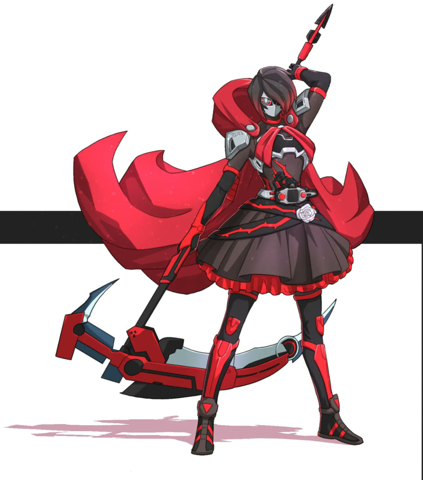 1girl black_dress black_hair cape cloak corset crescent_rose cross crossover dress flower frilled_dress frills gradient_hair grey_eyes gun highres hood hooded_cloak kamen_rider kamen_rider_ex-aid_(series) long_sleeves multicolored_hair petals red_cape red_eyes redhead rider-tan rider_gashat rose rose_petals ruby_rose rwby scythe short_hair to_ze tokusatsu two-tone_hair weapon