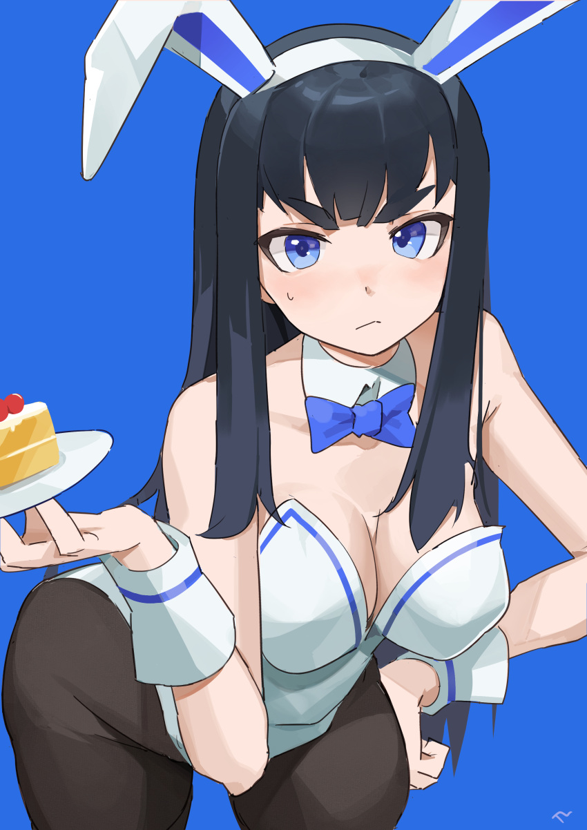 1girl absurdres animal_ears black_hair black_leotard blue_eyes bow bowtie detached_collar fake_animal_ears fishnet_legwear fishnets highres kill_la_kill kiryuuin_satsuki leotard long_hair pantyhose playboy_bunny rabbit_ears solo strapless strapless_leotard t-lex thick_eyebrows thigh-highs wrist_cuffs